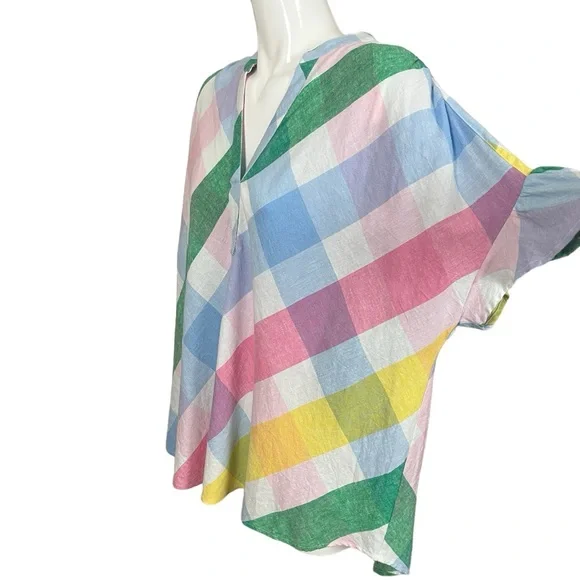 Crown & Ivy Belk Dolman Sleeve Split Neck Linen Blend Plaid Top XL NWT - Picture 4 of 7